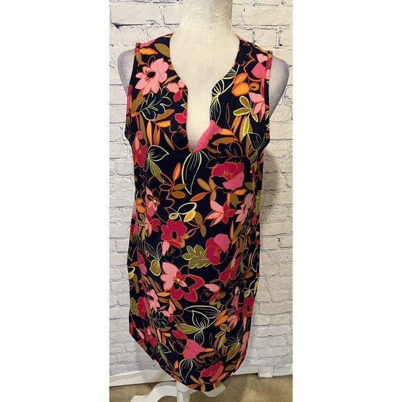 Lands' End Shift Dress Tropical Floral Pockets V Neck Cotton Medium - Picture 1 of 7